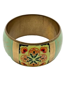 Vintage Enamel Over Brass Bracelet Green Yellow Red Hand Painted Wide Bangle - Picture 1 of 12