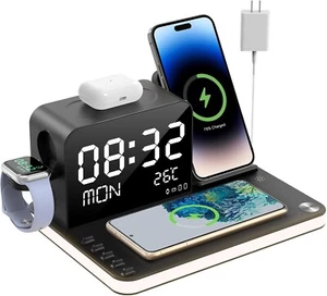 7 in 1 Charging Station with Clock, Wireless ChargerTemperature,30W Adapter,Fast - Picture 1 of 7