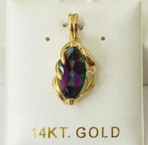 14K Yellow / White Gold Rainbow Mystic Fire Topaz Gemstone & Diamond Pendant NEW - Picture 1 of 12