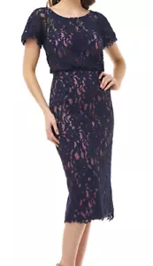 New 248$ JS Collection Size 4 Navy Rose Lace Flutter Sleeve Flouncy Midi Dress - Picture 1 of 12