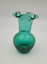 Vintage Hand Blown Emerald Crackle Glass Small Vase with Ruffle Collar