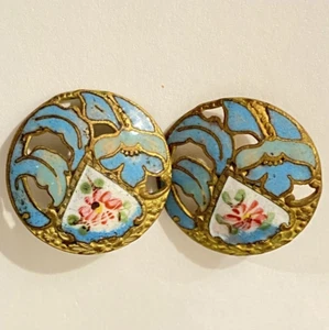2 Cloisonne Antique Gold Tone Victorian Buttons Blue w/Cutouts & Floral Design - Picture 1 of 6