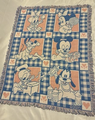 Manta bebé vintage Avon 1994 Disney Babies tejida rosa y azul nueva 34"x45" Foto 1 de 4