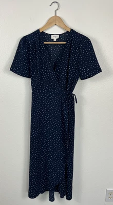 Everly | Vestido midi con corbata en la cintura envolvente a lunares azul marino, talla S Foto 1 de 4