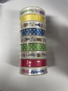 Lot Of  9 Rolls Craft Ribbon 5/8 in X 9 ft Happy Birthday, Party Hats, Solid+ - Picture 1 of 4