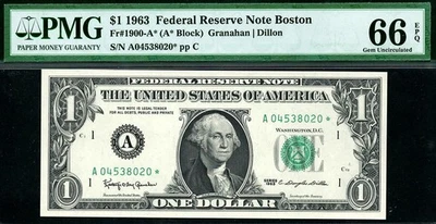 1963* 1900-A* $1 Boston STAR Federal Reserve Note • PMG 66 EPQ - Image 1 of 2