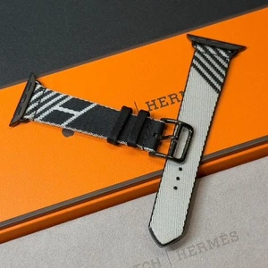 Cinturino Hermes Apple Watch Jumping Single Tour Nero Clair Nylon 40mm 41mm 42mm - Foto 1 di 8