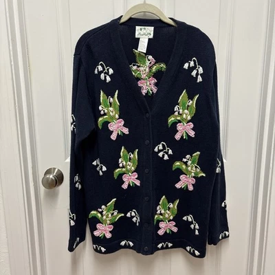 Quacker Factory Lily of the Valley Art-Wear Floral Long Cardigan Sweater - Large - Image 1 of 4