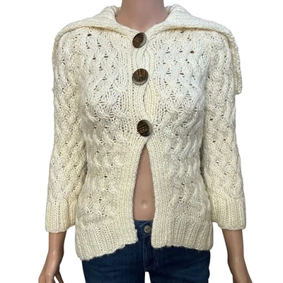 Y2K Bebe Chunky Fisherman Cardigan Sweater XS Cable Knit Button Down Fitted - Image 1 of 4