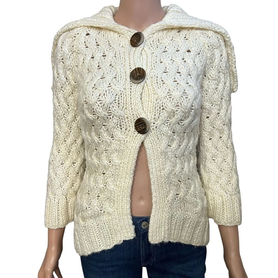 Y2K Bebe Chunky Fisherman Cardigan Sweater XS Cable Knit Button Down Fitted - Image 1 of 4