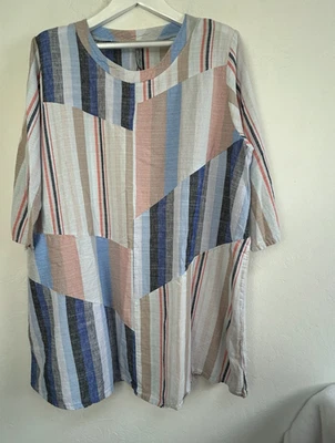 Top túnica a rayas de gran tamaño Cynthia Ashby para mujer mezcla de lino multicolor Foto 1 de 4