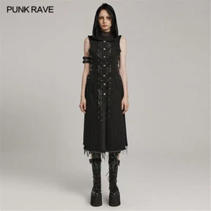 Punk Rave Women Gothic Hooded Vest Drawstring Decor Sleeveless Long Waistcoat - Picture 1 of 11