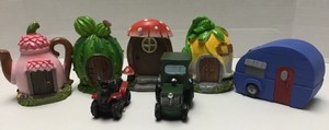 Lot of 7 Fairy Gnome Village House Garden Tractor Cactus Teapot Camper Flower