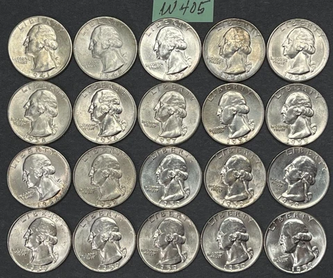 1941-1959 Washington Quarters Lot 20 BRILLIANT UNCIRCULATED 90% Silver Coin W405 Cover