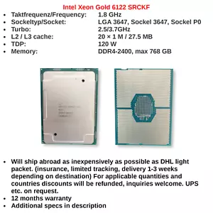 Processeur CPU Intel Xeon Gold 6122 20 cœurs 40 threads 1,8 GHz 120 QW SRCKF - Photo 1/3