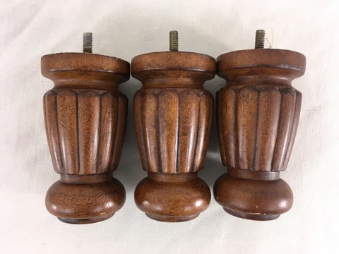 Set of 3 Vintage Carved Turned Solid Wood 5" Furniture Screw On Legs Cover