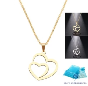 Doppel Herz Halskette Edelstahl Rose Gold Silber 45 cm Damen Geschenk - Picture 1 of 12
