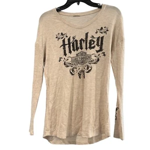 Harley-Davidson Women's Long Sleeve Graphic Tee Beach House Shallotte NC Beige & - Picture 1 of 6