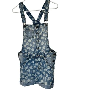 Cherokee White Daisy Flower Blue Denim Print Shortalls Overalls Girls Sz X Large - Picture 1 of 10