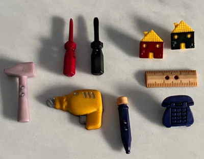 BUTTONS, Decorative Craft -  Cute TOOLS & SCHOOL Designs - 9 pieces - Image 1 of 4