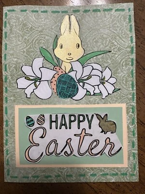 Handmade Easter Greeting Card  Rabbit Bunny Flowers Envelope 6x4.5” Multi Media - Image 1 of 4
