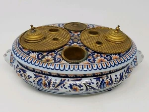  Antique French Faience Inkwell Stand Pottery with Brass/Bronze Fittings Inserts - Picture 1 of 12