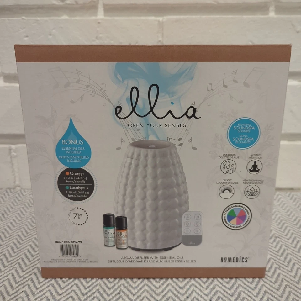 Homedics Ellia Gaze Aroma Diffuser White Ceramic Light Sound w/ Remote Control - Image 1 of 4