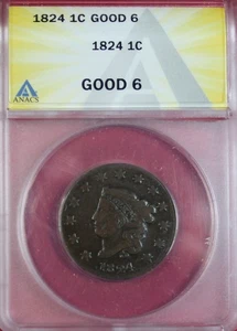 1824 LARGE CENT ANACS G6 - Picture 1 of 4