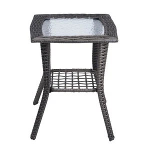 Outdoor Wicker Side Table Rattan End Table with Glass Top for Indoor Garden - Picture 1 of 8