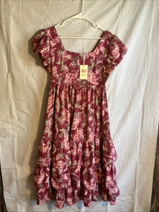 Entro dress floral puff sleeves tiered pink midi medium NWT Fairy Cottage - Picture 1 of 11