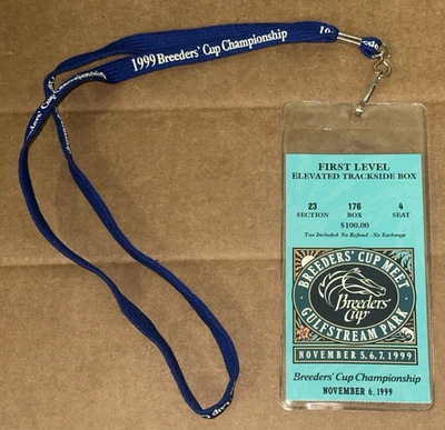 Breeders Cup 1999 Carreras de Caballos Campeonato Mundial Pase Insignia Ticket Stub Lanyard Foto 1 de 4