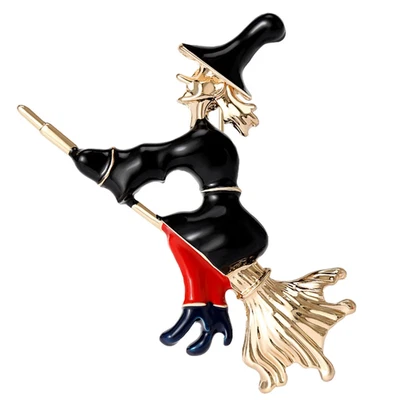 Halloween Witch Pin Brooch Flying on Gold Broomstick Enamel Costume Jewelry Gift - Image 1 of 4