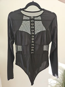 Women's Black Stretchy Sexy Bodycon Bodysuit Part Mesh Hook&Eye Closure Sz XL-2X - Picture 1 of 16
