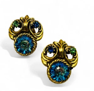 Vintage 60’s Gold Plated Blue Green Peacock Margarita Glass Rhinestone Clip Ear - Picture 1 of 5