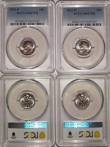 2022 P & D Roosevelt Dime 10c PCGS MS67FB Full Bands 2 Coin Set Cover