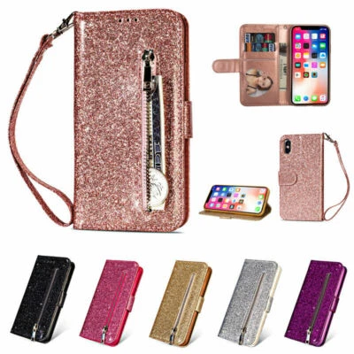 Bling Glitter Wallet Leather Flip Stand Zipper Case Cover For Hot Sell Phones - Image 1 of 4