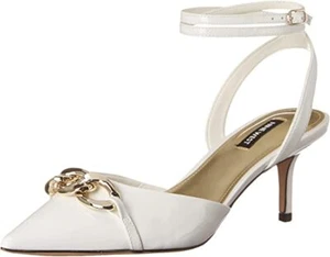 Nine West Arnice White Patent Stiletto Heel Pointed Toe Ankle Strap Fashion Pump - Picture 1 of 6