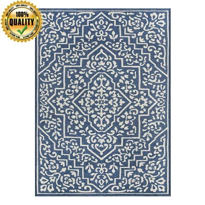 Alfombra de exterior tradicional Medallion 5 x 7 pies resistente a la decoloración fácil cuidado azul Foto 1 de 4