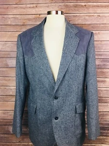 Pendleton Mens 42L Blue Herring Bone High Grade Western Suede Patched Blazer - Picture 1 of 9