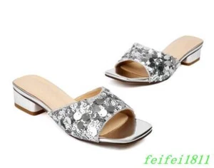 Moda Para mujeres Puntera Abierta Tacones Bajos Lentejuelas Zapatilla Fiesta Informal Vestido Club Mules - Imagen 1 de 10