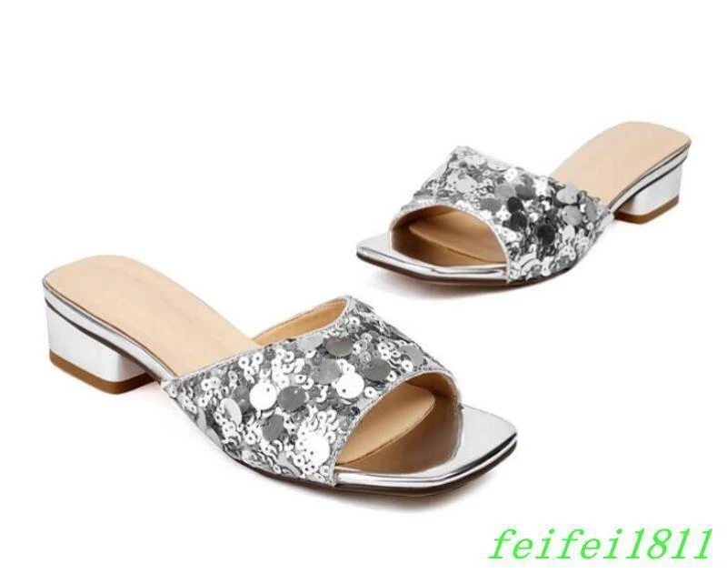 Moda Para mujeres Puntera Abierta Tacones Bajos Lentejuelas Zapatilla Fiesta Informal Vestido Club Mules Foto 1 de 4