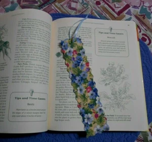 Bookmark Fabric or Cloth with Flowers & Light Blue Ribbon Handmade - Picture 1 of 4