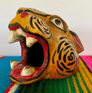 Mexican Folk Art Carved Wood Jaguar Leopard Cat Head Lion Face Mask Guerrero 5" - Picture 1 of 12