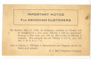 MENDHAM CHESTER NJ - NJ Bell Telephone Co. 1960 Systemnummernänderungen RAR - Bild 1 von 2