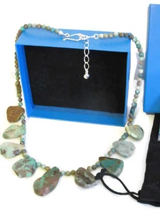 Turquoise Beaded Sterling Silver Necklace  Flat Green Beads by Jay King 20"  - Picture 1 of 4