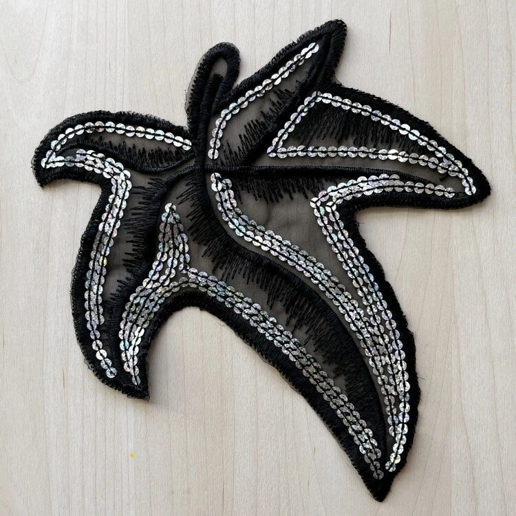 Stylish Black Leaf Sew-on Patch Embroidered with Sequins on Mesh Size 9"x8" - Image 1 of 1