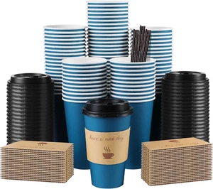 100 Pack 16 Oz Coffee Cups with Lids, Disposable to Go Paper Coffee Cups with Sl - Picture 1 of 12