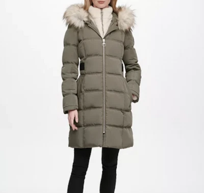 DKNY Fleece Lined Faux Fur Trim Hooded Green Puffer Coat X1402 Size XXS - Image 1 of 4