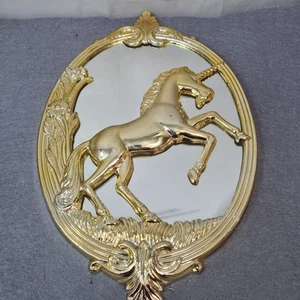 Vintage Gold Tone Plastic Unicorn Mirror Fairytale Magical Hanging Plaque Decor - Picture 1 of 9