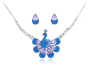 Ali-Market Sapphire Purple Attentive Peacock Crystal Element Earring Necklace - Picture 1 of 5
